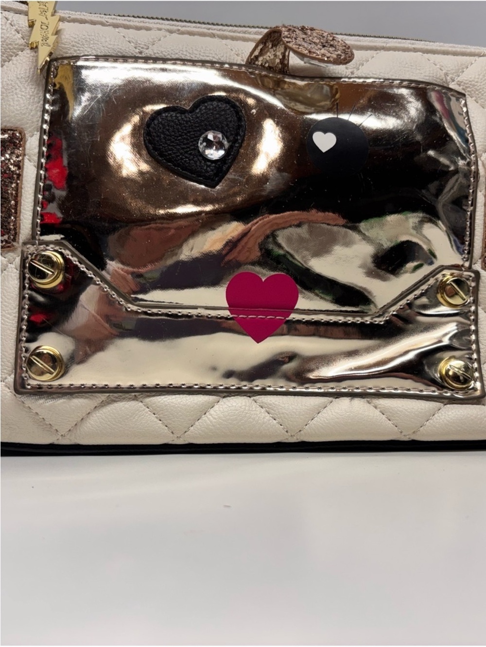 Betsey Johnson Cream Quilted Cosmetic Bag with Gold Metallic Heart Pocket